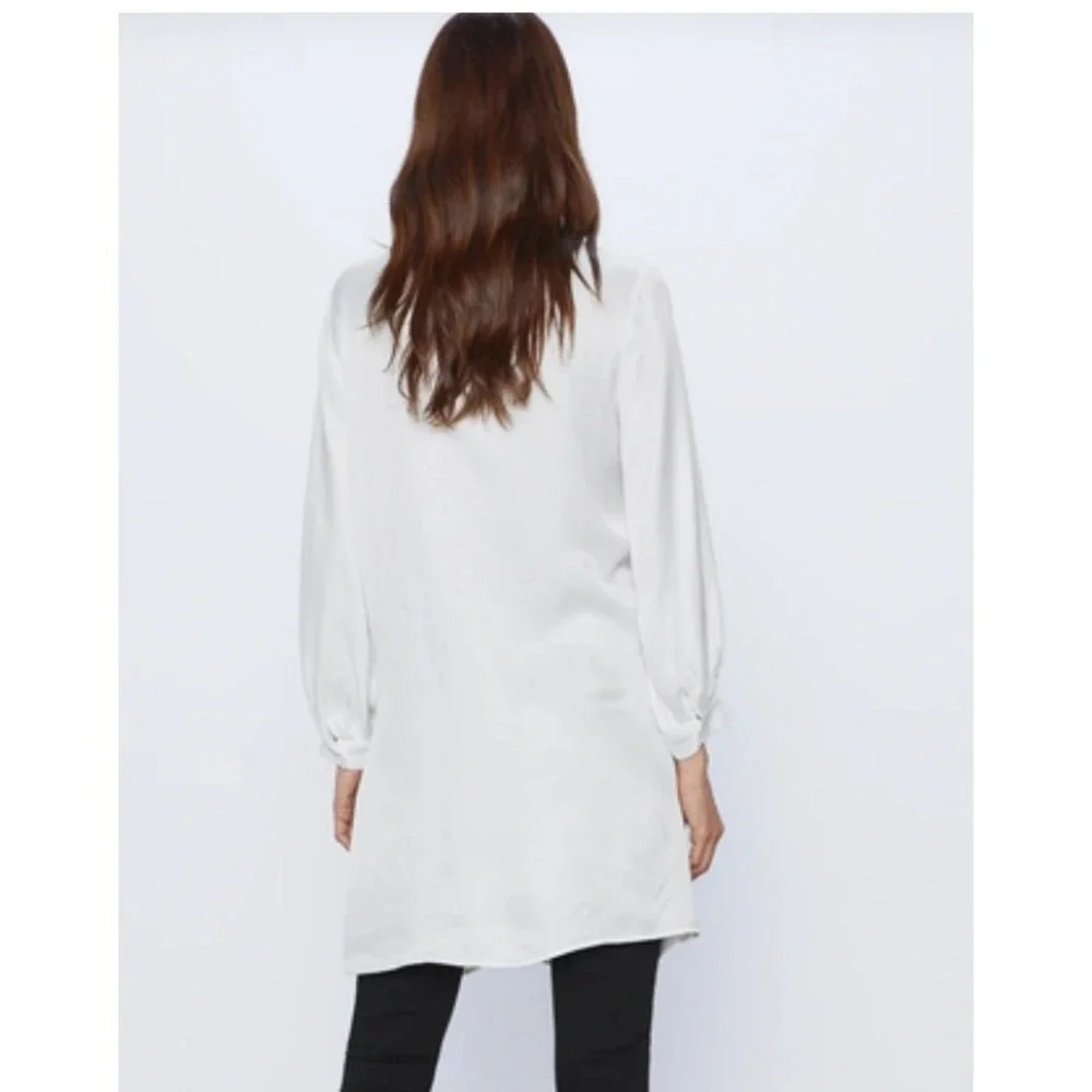 Zara Dress Women Small White Knot Front Long Sleeve Tunic Mock Neck 1971/184/250